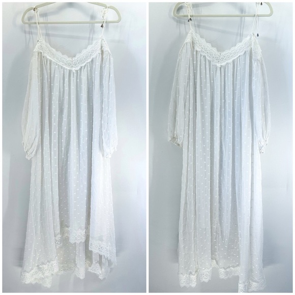 For Love and Lemons White Polka Dot Sheer Off Shoulder Long Sleeve Maxi Dress - Picture 2 of 7